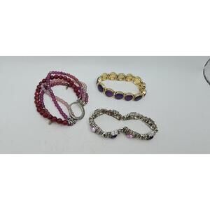 Set of 3 Purple & Pink Beaded Stretch Bracelets Glass & Stone